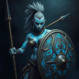 A fierce Shadar-kai female warrior with striking grey skin, showcasing a bold mohawk styled as a ponytail