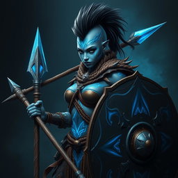 A fierce Shadar-kai female warrior with striking grey skin, showcasing a bold mohawk styled as a ponytail