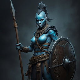 A striking Shadar-kai female warrior with unique grey skin, her appearance enhanced by intricate blue glowing war paint that decorates her body