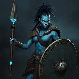 A striking Shadar-kai female warrior with unique grey skin, her appearance enhanced by intricate blue glowing war paint that decorates her body
