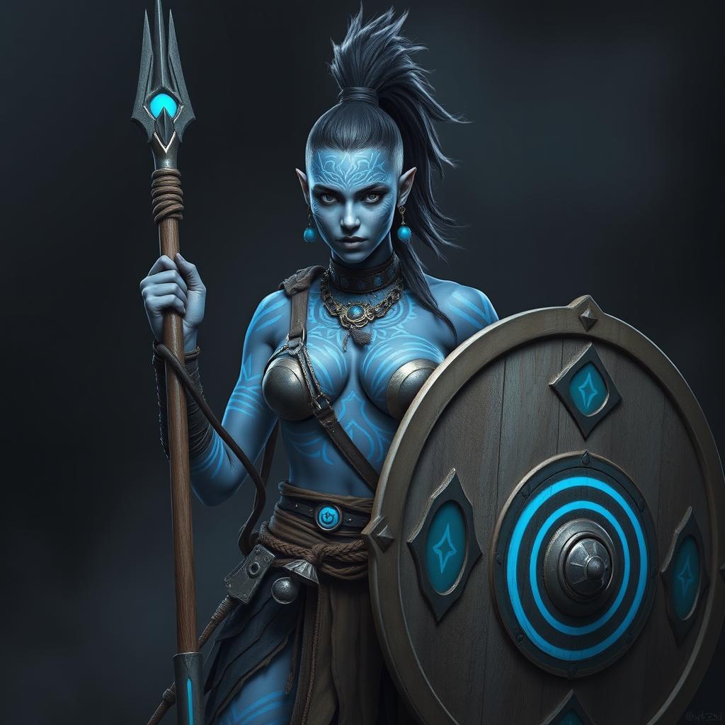A striking Shadar-kai female warrior with unique grey skin, her appearance enhanced by intricate blue glowing war paint that decorates her body