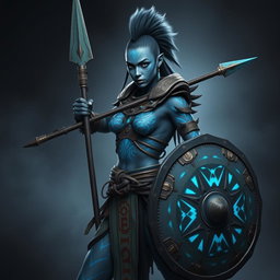A striking Shadar-kai female warrior with unique grey skin, her appearance enhanced by intricate blue glowing war paint that decorates her body