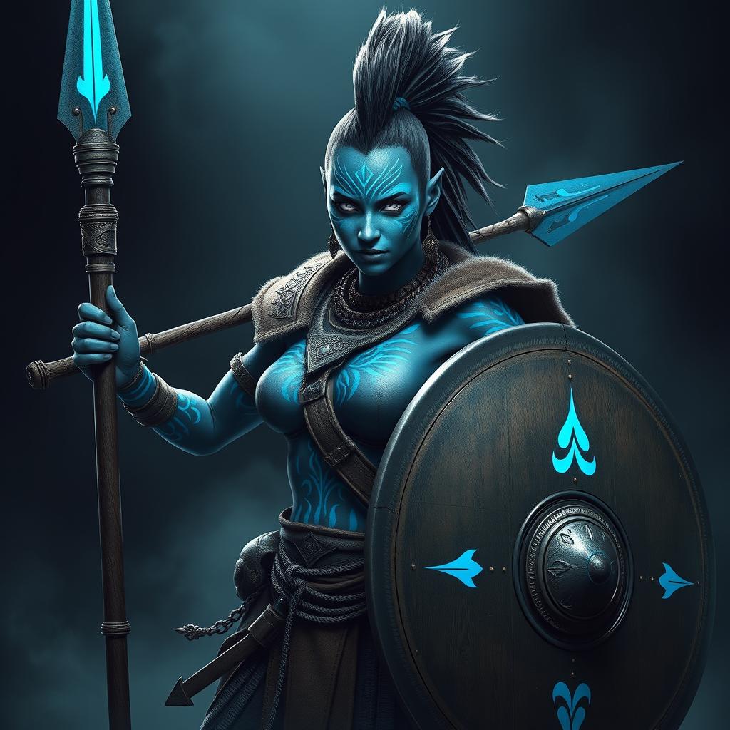 A powerful female Shadar-kai warrior with striking grey skin, showcasing beautiful blue glowing war paint that intricately adorns her body