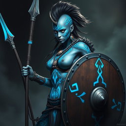 A powerful female Shadar-kai warrior with striking grey skin, showcasing beautiful blue glowing war paint that intricately adorns her body