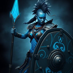 A powerful female Shadar-kai warrior with striking grey skin, showcasing beautiful blue glowing war paint that intricately adorns her body