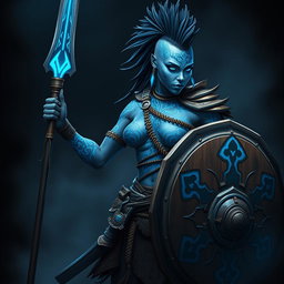 A powerful female Shadar-kai warrior with striking grey skin, showcasing beautiful blue glowing war paint that intricately adorns her body