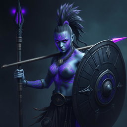 A powerful female Shadar-kai warrior with striking grey skin, accentuated by stunning purple glowing war paint that intricately adorns her body