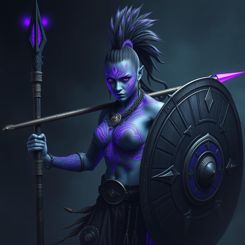 A powerful female Shadar-kai warrior with striking grey skin, accentuated by stunning purple glowing war paint that intricately adorns her body