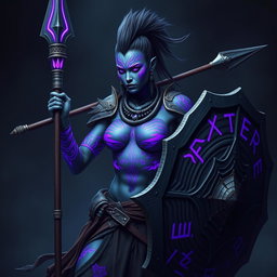 A powerful female Shadar-kai warrior with striking grey skin, accentuated by stunning purple glowing war paint that intricately adorns her body