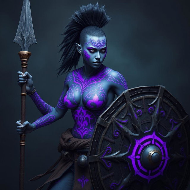 A powerful female Shadar-kai warrior with striking grey skin, accentuated by stunning purple glowing war paint that intricately adorns her body