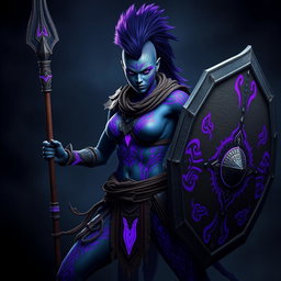 A powerful female Shadar-kai warrior with striking grey skin, accentuated by stunning purple glowing war paint that intricately adorns her body