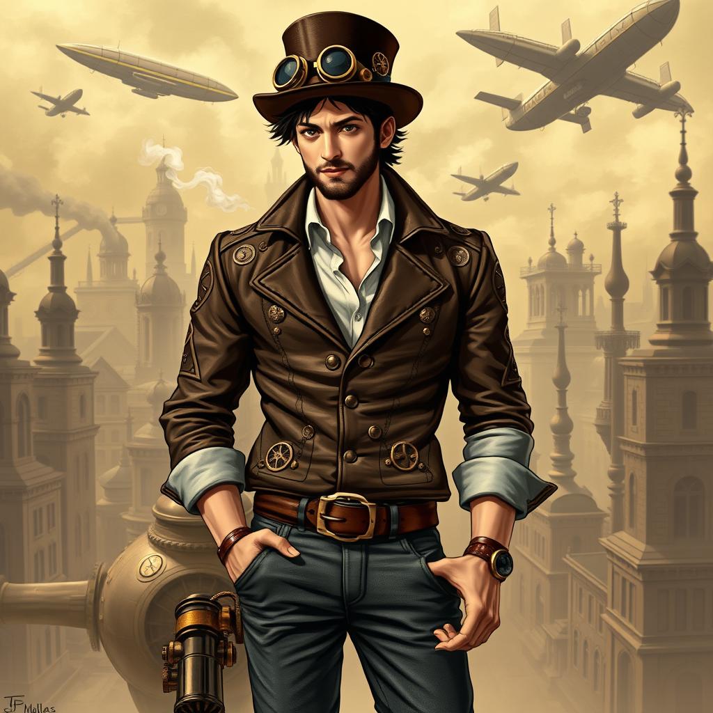 A charismatic male character in a steampunk style, wearing a fitted brown leather jacket adorned with brass gears and intricate patterns