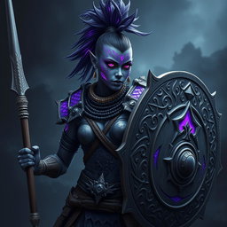 A fierce female Shadar-kai warrior with stunning grey skin, adorned with intricate purple glowing war paint that highlights her fierce features