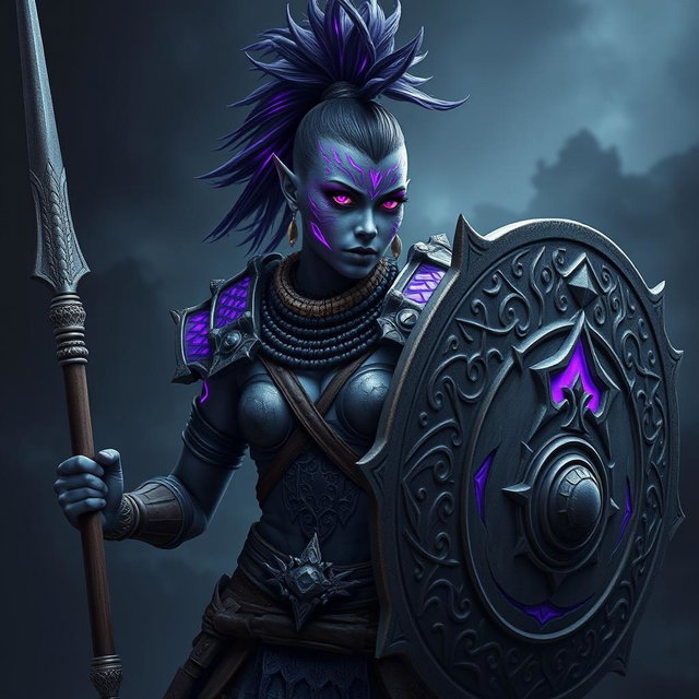 A fierce female Shadar-kai warrior with stunning grey skin, adorned with intricate purple glowing war paint that highlights her fierce features