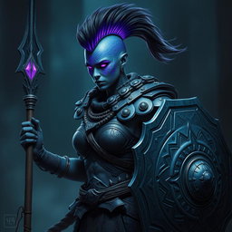 A fierce female Shadar-kai warrior with stunning grey skin, adorned with intricate purple glowing war paint that highlights her fierce features