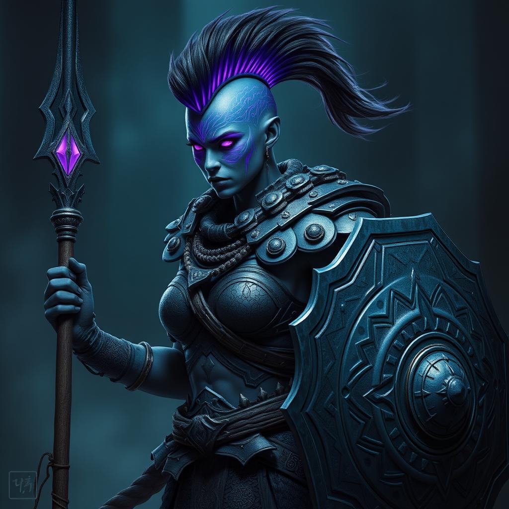 A fierce female Shadar-kai warrior with stunning grey skin, adorned with intricate purple glowing war paint that highlights her fierce features