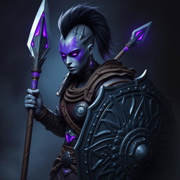 A fierce female Shadar-kai warrior with stunning grey skin, adorned with intricate purple glowing war paint that highlights her fierce features