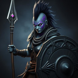 A fierce female Shadar-kai warrior with stunning grey skin, adorned with intricate purple glowing war paint that highlights her fierce features