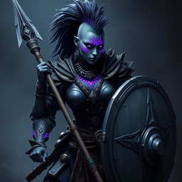 A fierce female Shadar-kai warrior with striking grey skin, adorned with intricate purple glowing war paint that enhances her fierce features
