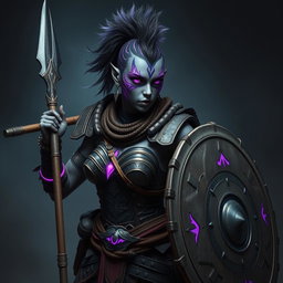 A fierce female Shadar-kai warrior with striking grey skin, adorned with intricate purple glowing war paint that enhances her fierce features