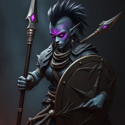 A fierce female Shadar-kai warrior with striking grey skin, adorned with intricate purple glowing war paint that enhances her fierce features