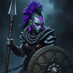 A fierce female Shadar-kai warrior with striking grey skin, adorned with intricate purple glowing war paint that enhances her fierce features