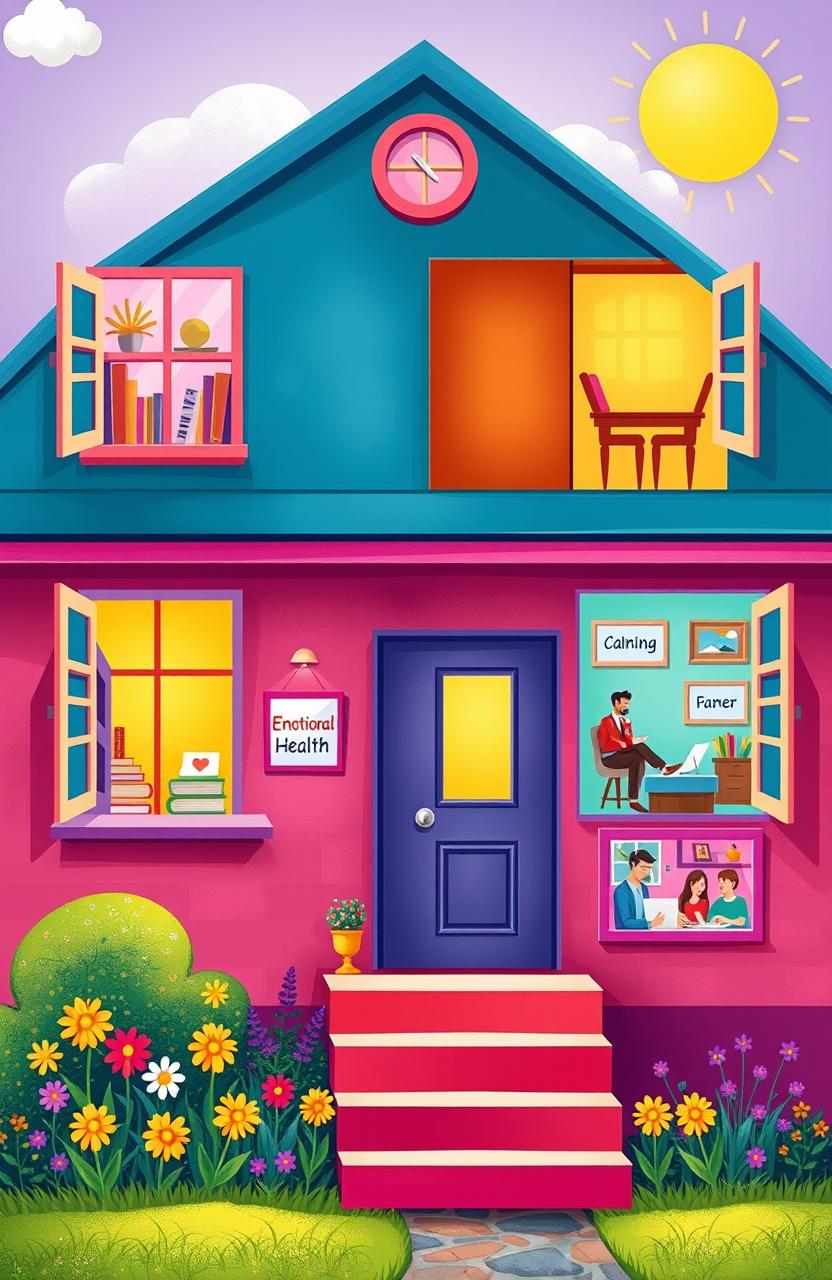 A metaphorical illustration of a house with multiple rooms, each room representing different aspects of life such as emotional health, career, relationships, and personal growth