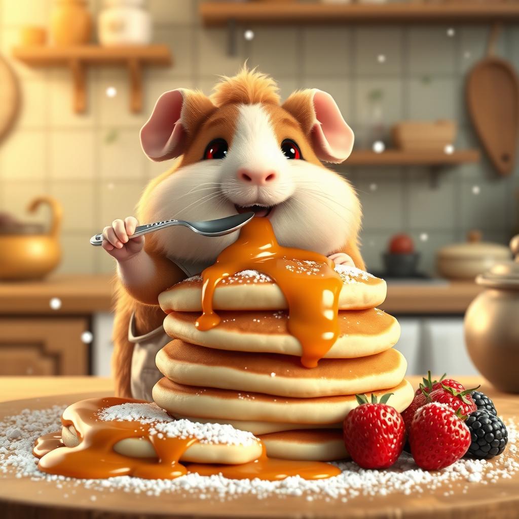 A fluffy cartoon guinea pig in a cute apron, joyfully stacking fluffy pancakes that are generously drenched in glossy dulce de leche caramel