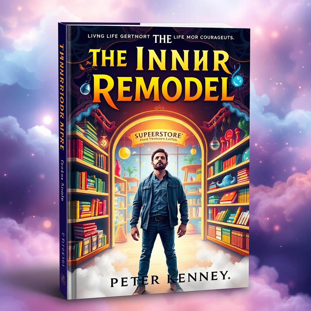 A stunning book cover design for 'The Inner Remodel' by Peter Kenney, depicting a mystical Superstore filled with vibrant colors and enchanting elements