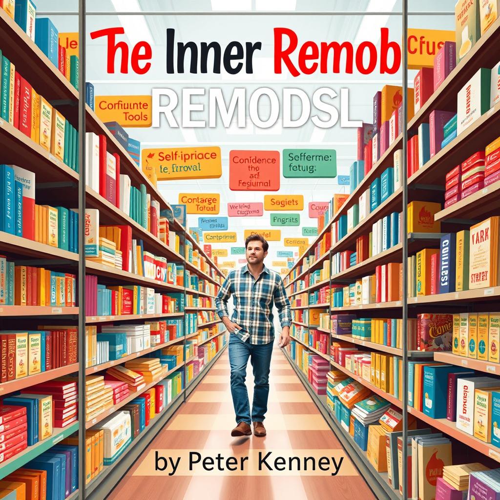 A clever book cover design for 'The Inner Remodel' by Peter Kenney, featuring a man navigating through the aisles of a self-improvement Superstore