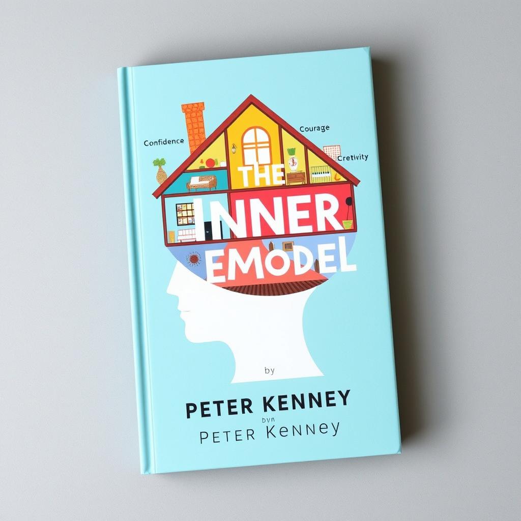 A clever book cover design for 'The Inner Remodel' by Peter Kenney, depicting a whimsical concept of a house inside a human head