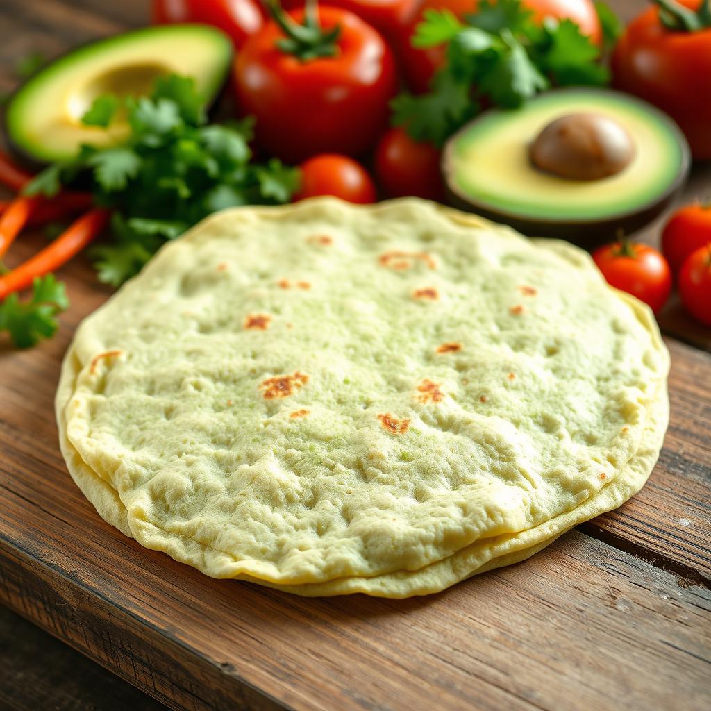 A light green colored tortilla displayed prominently on a rustic wooden table