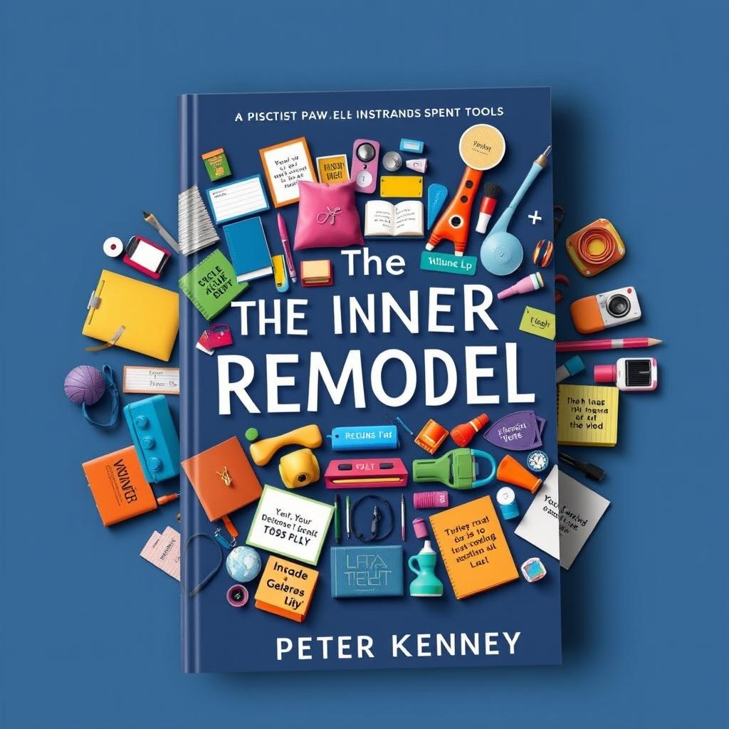 A clever book cover design for 'The Inner Remodel' by Peter Kenney, illustrating a vibrant array of self-improvement tools creatively spread across the cover