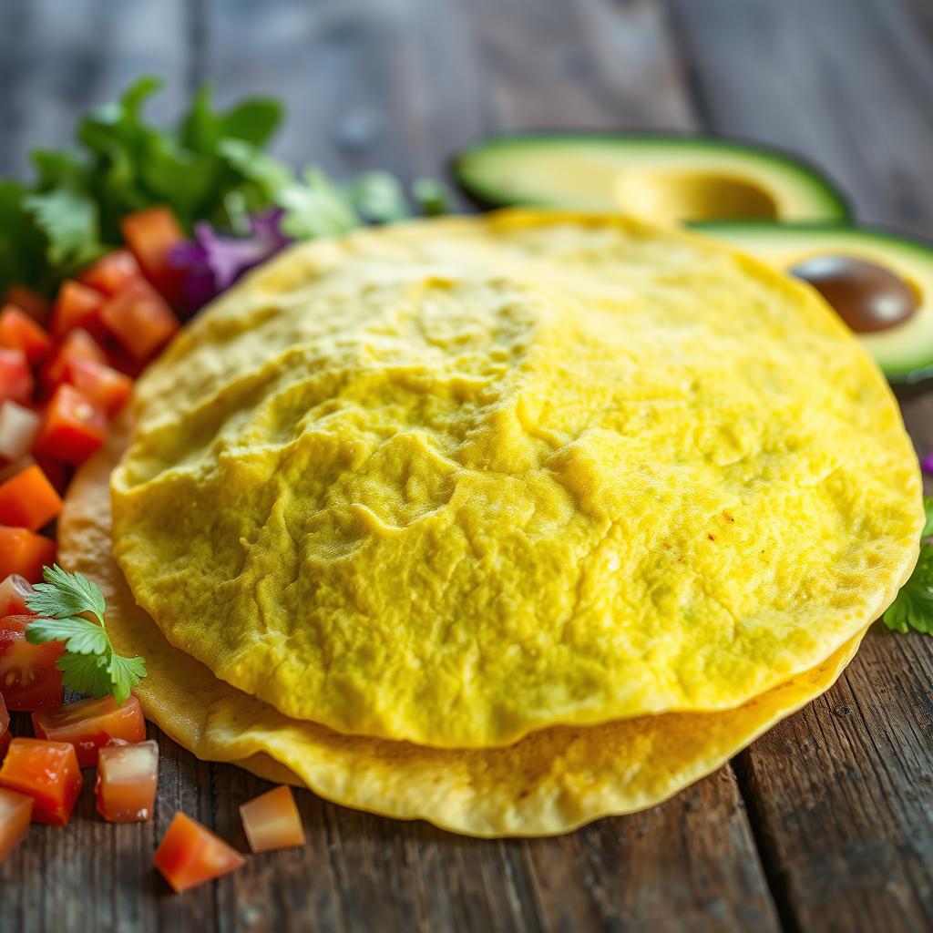 A vibrant, greenish-yellow tortilla, beautifully displayed on a rustic wooden surface