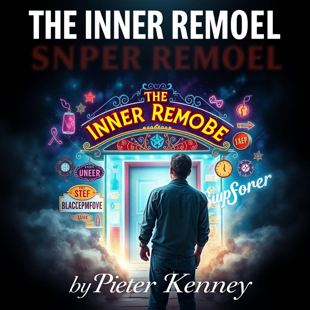 A stunning book cover design for 'The Inner Remodel' by Peter Kenney, featuring a suffering man standing at the entrance of a mystical Superstore