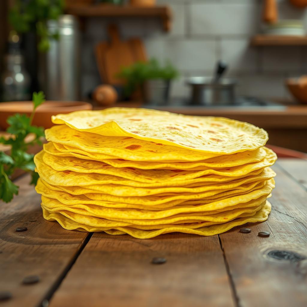 A vibrant and artistic representation of yellow-green tortillas stacked neatly on a wooden table, with some tortillas partially unfurled to show their texture