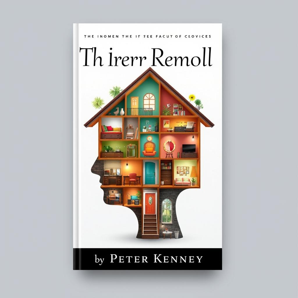 A stunning book cover design for 'The Inner Remodel' by Peter Kenney, featuring an imaginative concept of a house seamlessly integrated within a human head