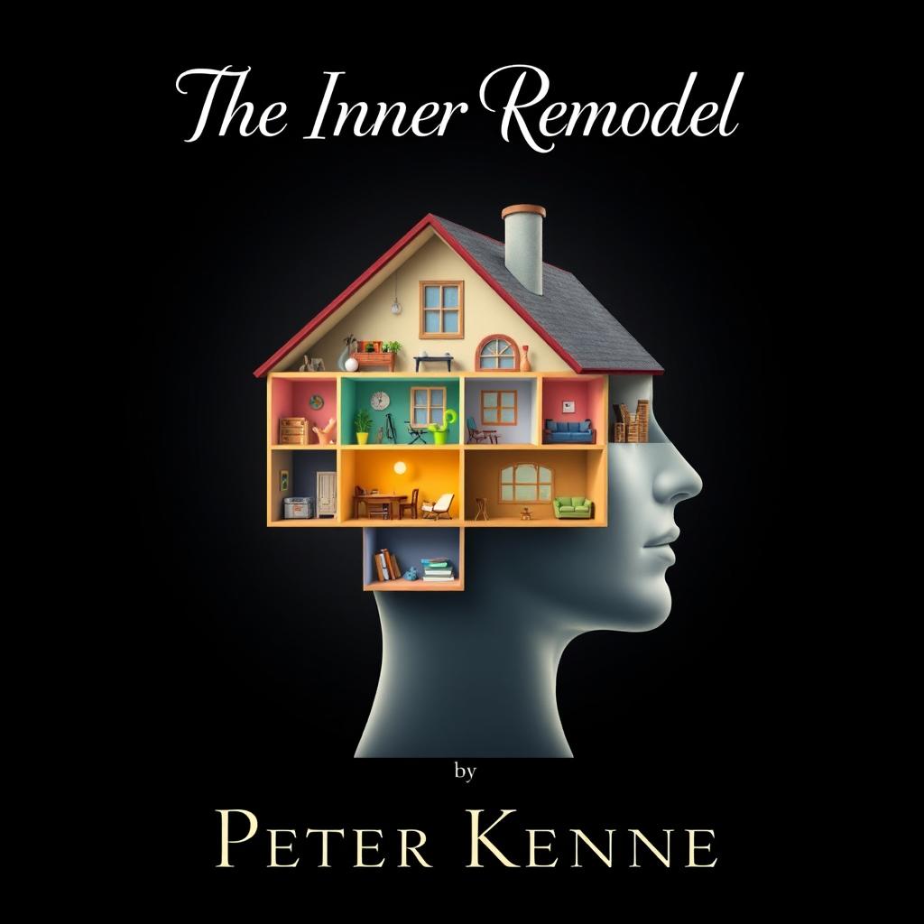 A stunning book cover design for 'The Inner Remodel' by Peter Kenney, featuring an imaginative visual of a house intricately placed within a human head