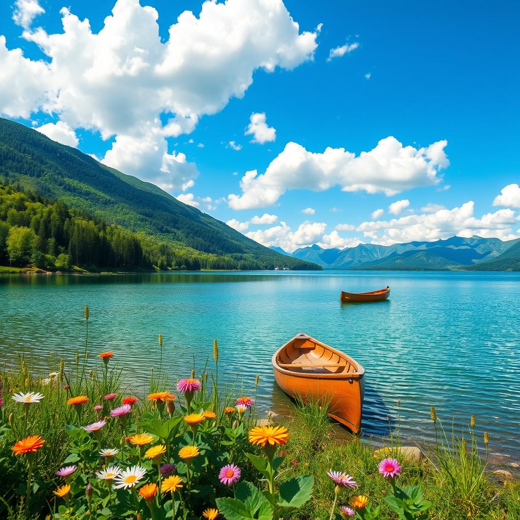 A serene landscape featuring an idyllic lake surrounded by lush greenery, distant mountains under a bright blue sky with fluffy white clouds, reflecting the vibrant colors of nature