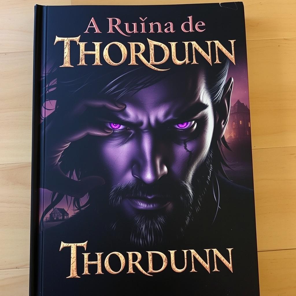 The cover of the book "A Ruína de Thordunn" features the central face of Thordunn, partially immersed in darkness