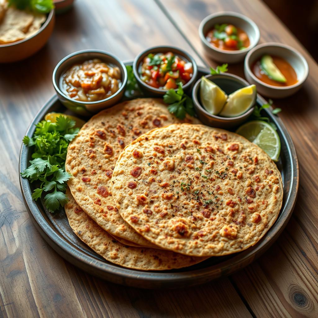 A beautifully arranged platter of red lentil tortilla bread, showcasing its vibrant color and texture