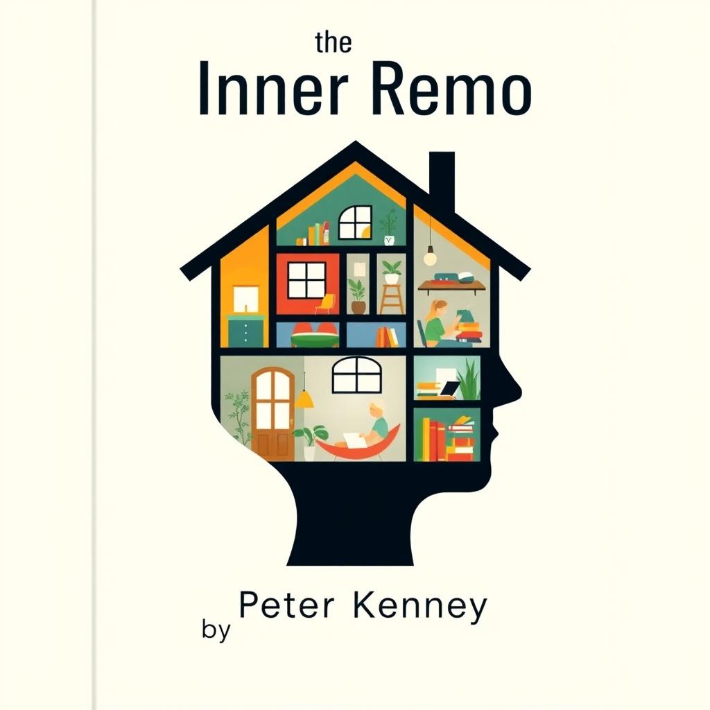 A psychological book cover design for 'The Inner Remodel' by Peter Kenney, featuring a thought-provoking illustration of a house thoughtfully placed within a human head