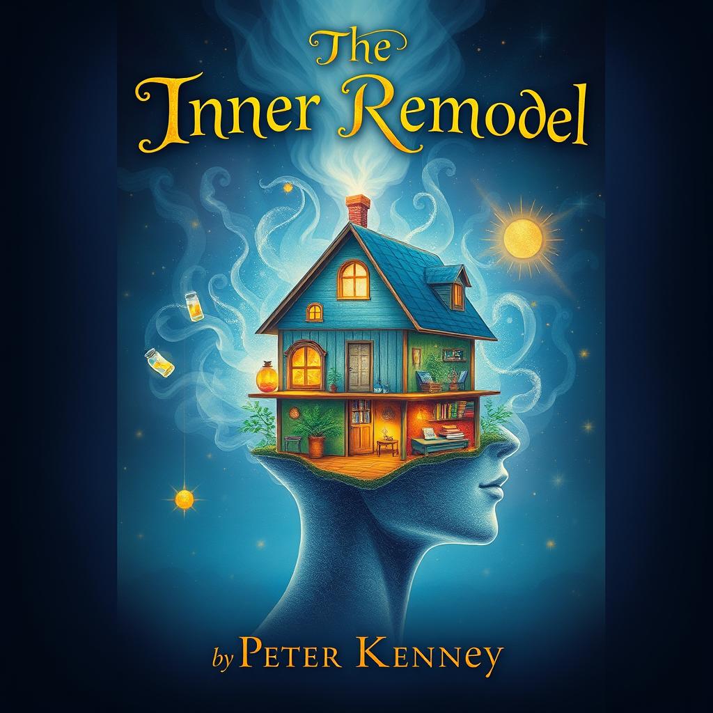 A mystical book cover design for 'The Inner Remodel' by Peter Kenney, featuring an enchanting illustration of a house nestled within a human head, surrounded by ethereal elements like wisps of smoke or shimmering stars