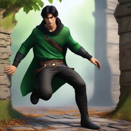 A high-resolution, realistic digital art image with an 80's twist, showcasing a young man, a medieval thief, in the midst of a fall