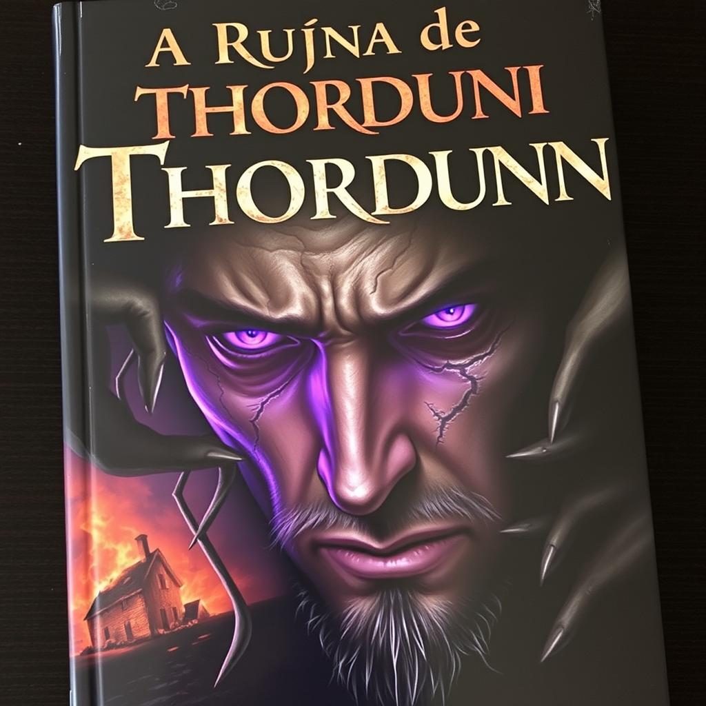 The book cover for "A Ruína de Thordunn" features the central image of Thordunn’s face, partially engulfed in darkness