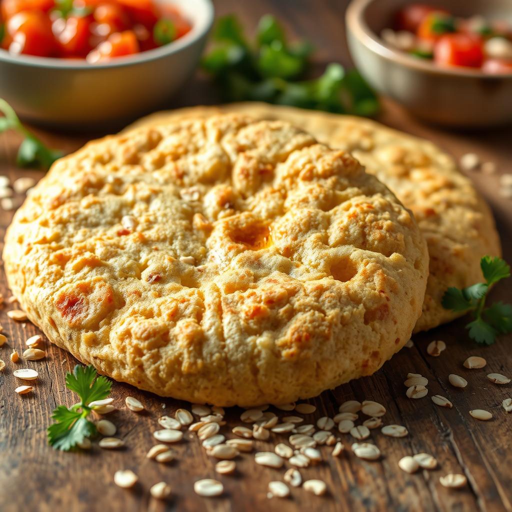A close-up image of freshly made oat tortilla bread, showcasing the fluffy texture and golden-brown color, placed on a rustic wooden surface