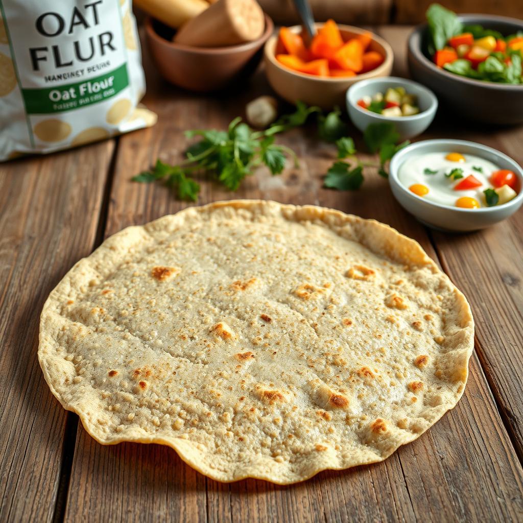 A fresh homemade oat flour tortilla on a rustic wooden table, showcasing its golden-brown color and soft texture
