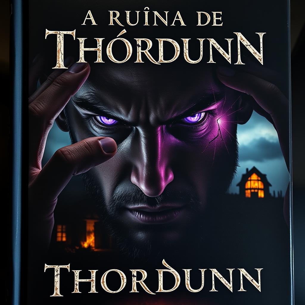 The book cover for "A Ruína de Thordunn" showcases Thordunn's face as the central image, partially submerged in darkness
