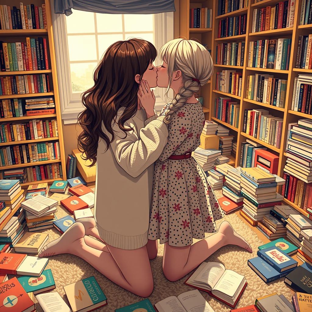 Two girls kissing each other tenderly in a cozy room filled with books scattered all over the floor