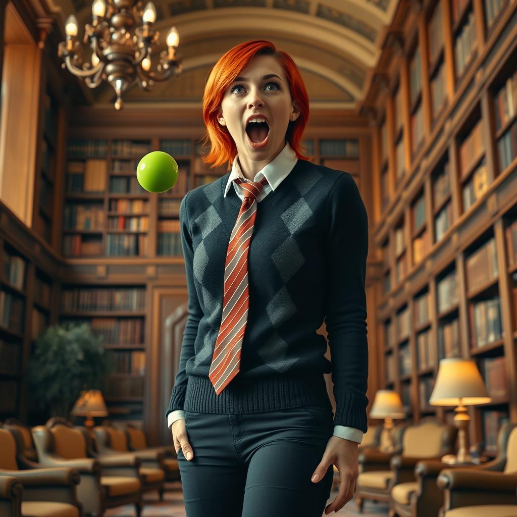 A beautiful, attractive young woman with vibrant red hair standing in a luxurious library, her body tilted slightly forward as she yells with her mouth open and her eyes wide in shock